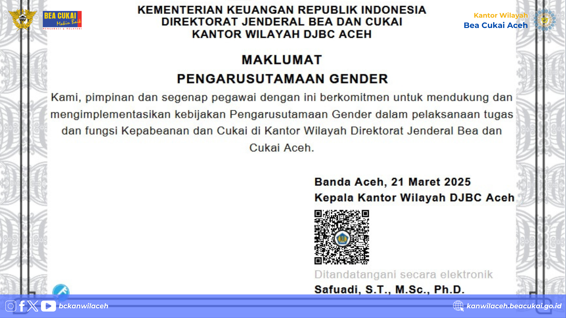 Kanwil Bea Cukai Aceh Perkuat Komitmen Pengarusutamaan Gender di Lingkungan Kerja