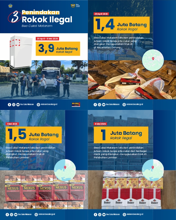 Lagi! lagi! dan lagi! Bea Cukai Mataram 3 kali tindak 3 truk bermuatan 3,9 juta batang rokok ilegal.