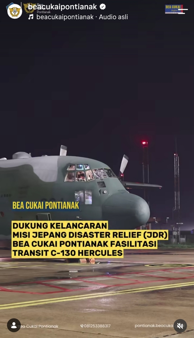 Dukung Kelancaran Misi Jepang Disaster Relief (JDR), Bea Cukai Pontianak Fasilitasi Transit C-130 Hercules